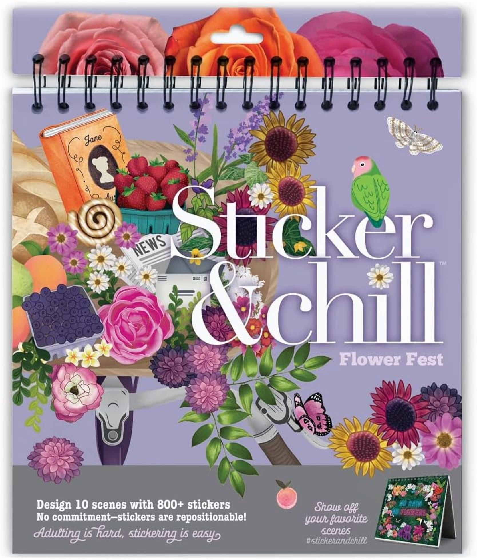 Sticker & Chill Sticker Book for Adults – 800+ Repositionable Colorful Clings Create Designs on 10 Spiral Bound Scene Pages – Easy, Fun & Stress Relieving Relaxation Activity – Flower Fest Series