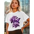 thumbnail image 5 of Women's T-Shirt Retro Dreamy Purple Butterfly Wings Rose Short Sleeve Casual Tee Classic Crew Neck T Shirt for Women White, L, 5 of 7