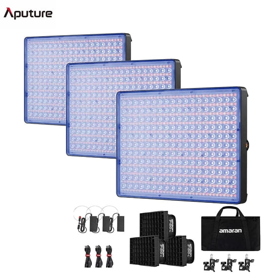 Aputure Amaran P60C RGBWW Full Color LED Video Panel Light 3-Light Kit Color Temperature 2500K-7500K,60W, CRI95+/TLCI 96+, 5900lux@1m, 10 Light Effects, with Softbox, Support App