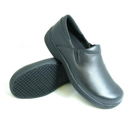 Genuine Grip 470-8W Womens Slip-Resistant Slip-On Work Shoes  Black Leather - Size 8 Wide