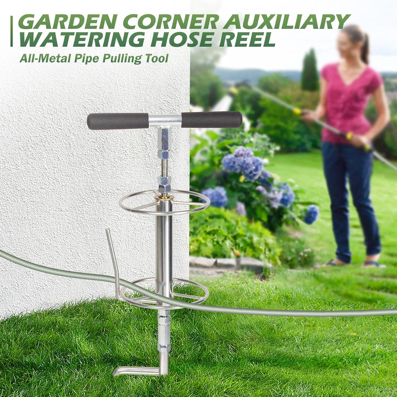 Walensee 32" Garden Hose Guide Spike Right Angle Hose Pulling Stand, Heavy Duty Metal Hose Reel for Garden Corner Auxiliary Watering Hose Reel, Lawn & Garden Watering Equipment, Plant Protector