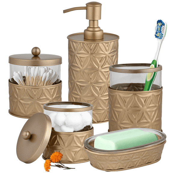 5-Piece Antique Gold Bathroom Accessory Set - Soap Dispenser, Soap Dish, Toothbrush Holder, 2 Storage Jars