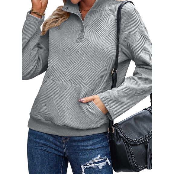 Womens Casual Textured Long Sleeve Henley Button V Neck Loose Pullover Trendy Fall Outfits Tops Light Gray S