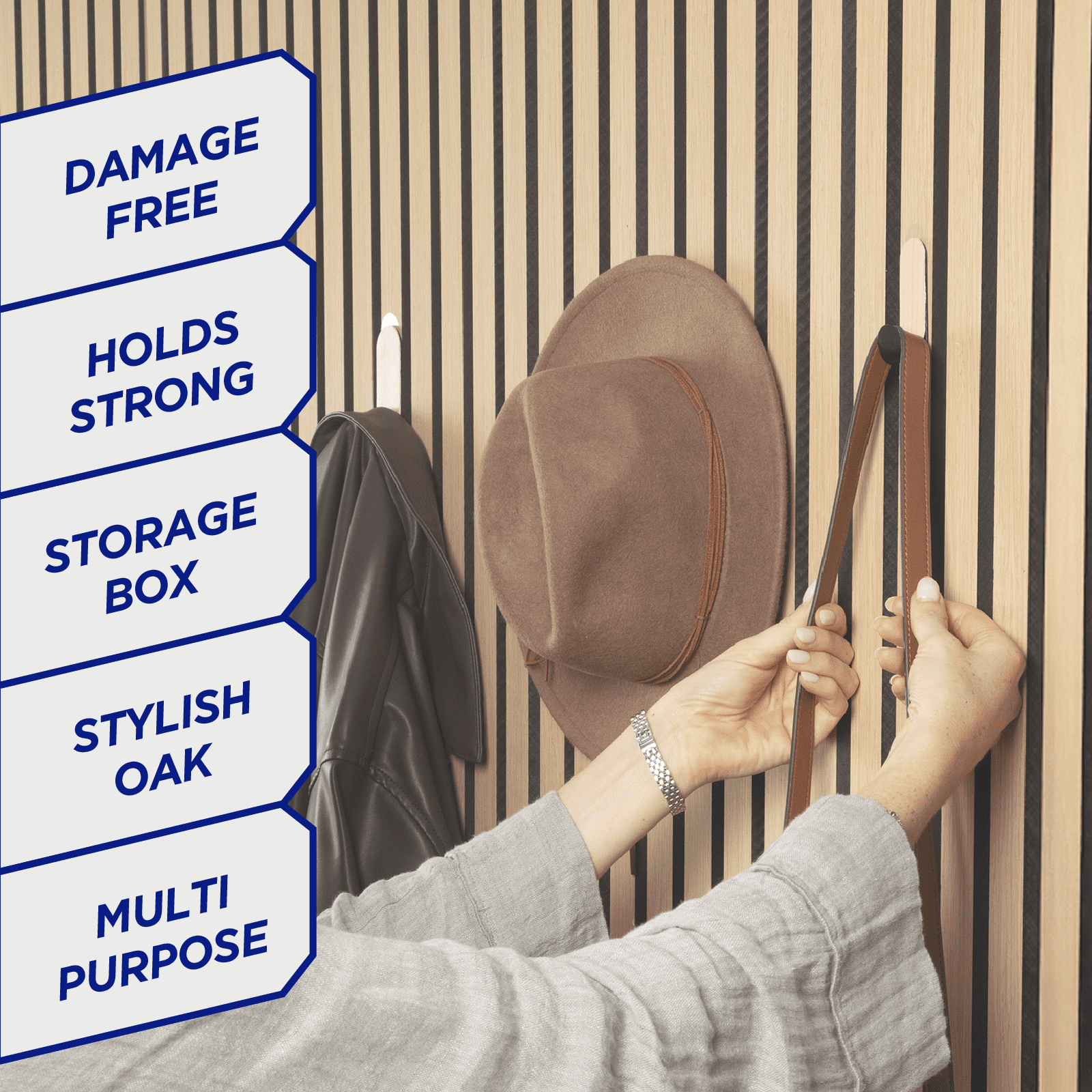 Permastik Adhesive Wall Hooks (8 Pack) – Damage-Free Removable Decorative Hooks, Black Metal & Oak Veneer Medium & Large Hooks for Kitchen, Bathroom & Home