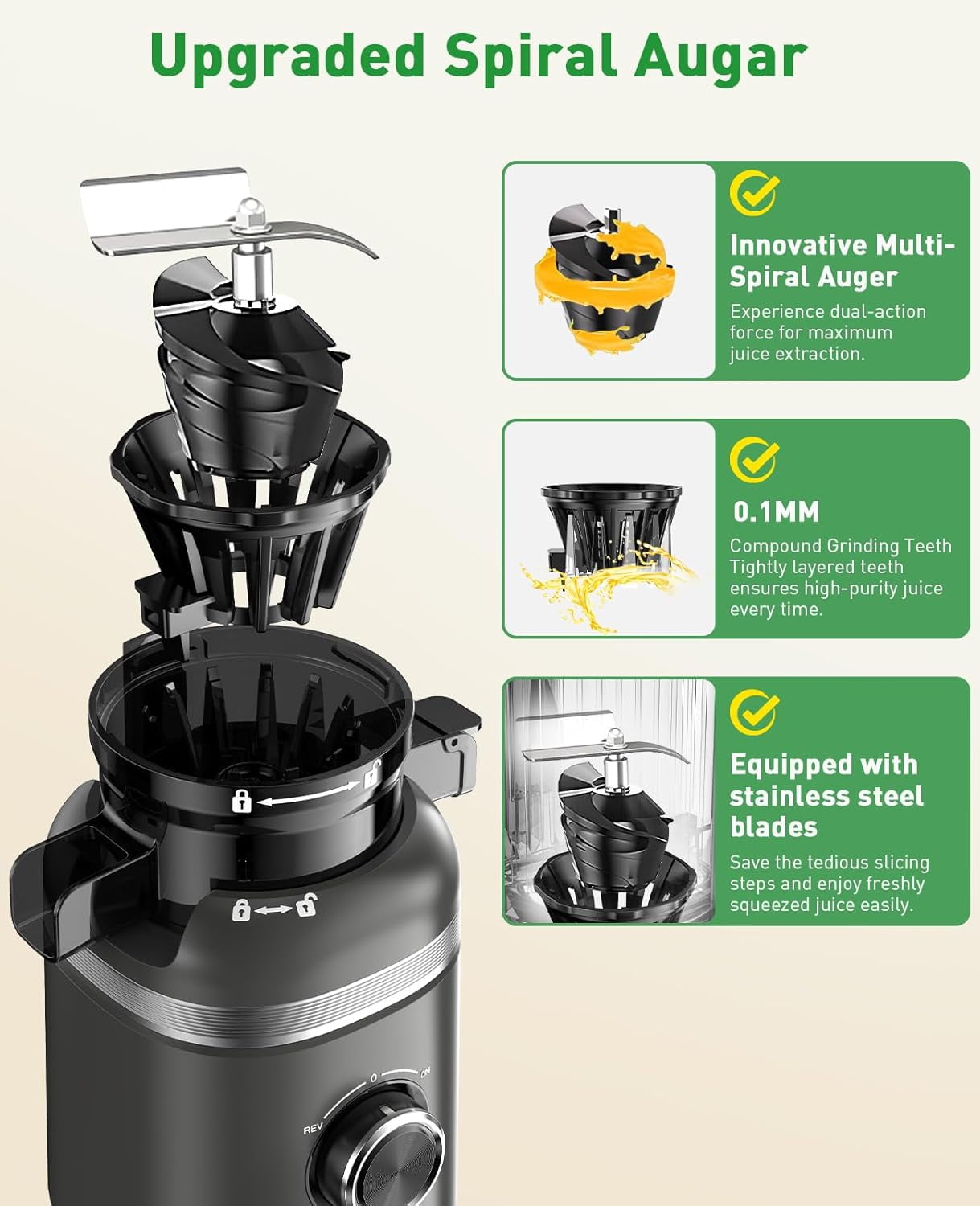 Cold Press Juicer Machines for Whole Vegetables & Fruits, Slow Masticating Juicer Maker with Wide Feed Chute, High Juice Yield, Easy to Clean