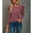 thumbnail image 2 of Camisas de manga abombada para mujer, Top de punto de gofre con cuello redondo de Color puro, camiseta informal elegante de manga larga, rojo ladrillo S, 2 of 8