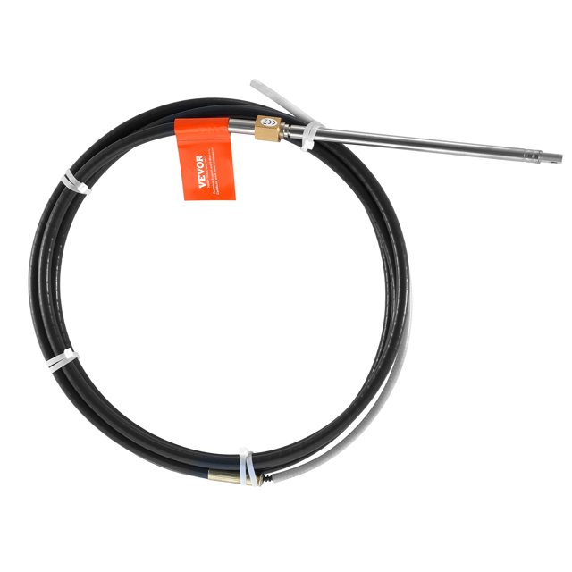 VEVOR Boat Steering Cable, 17 Feet Outboard Marine Rotary Steering Cable with 1/2 ton high tensile strength, featuring marine-grade durability with a black polyethylene-coated steel cable and stainless steel fastening nuts for weather resistance. Designed for single-station outboard steering systems up to 300 hp, suitable for speedboats, yachts, and fishing boats. The cable is coiled neatly with visible grooved ends for secure connection and enhanced durability.