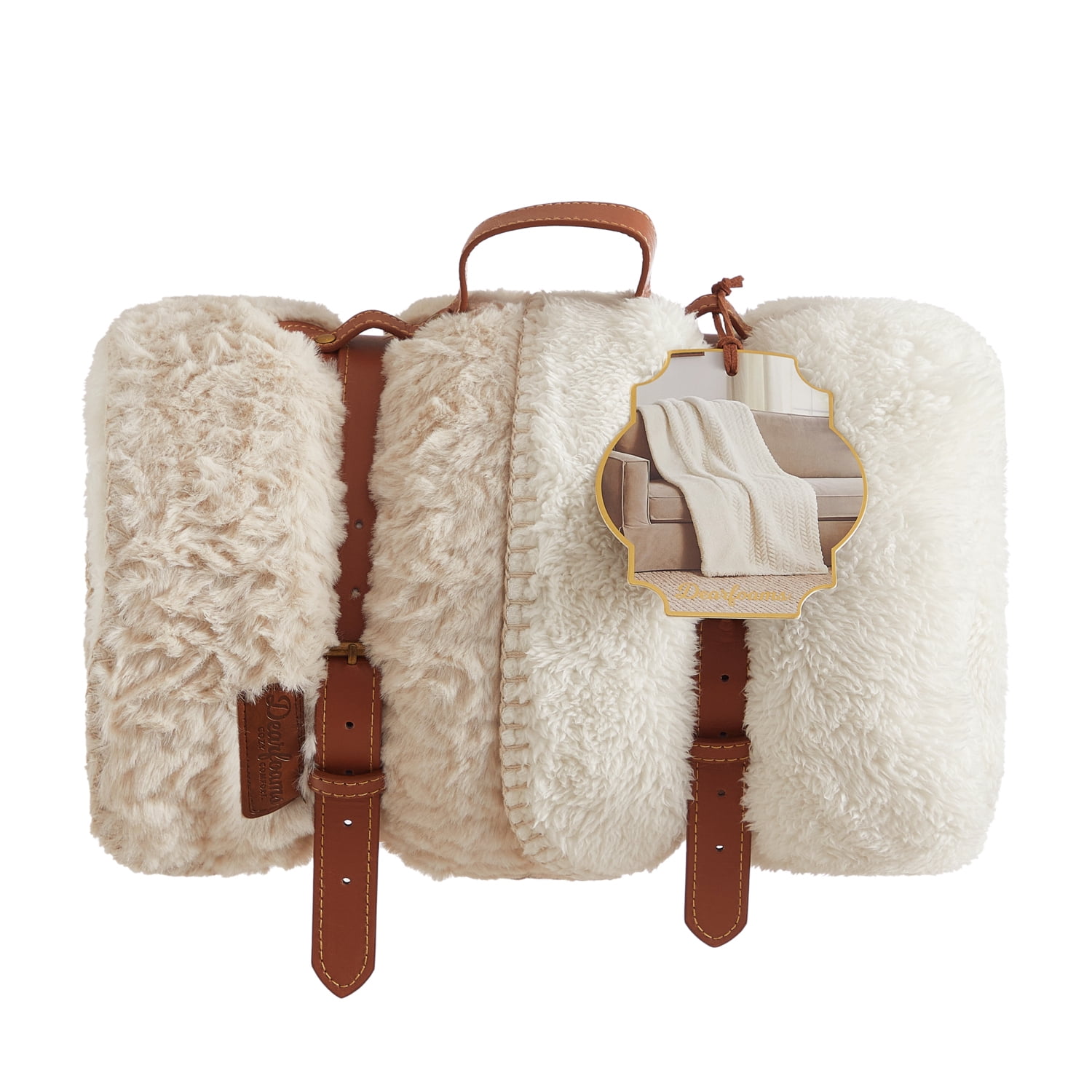 Dearfoams Reversible Embossed Faux Fur to Faux Shearling Oversized Couch Throw Blanket, Beige, 50 x 70 in