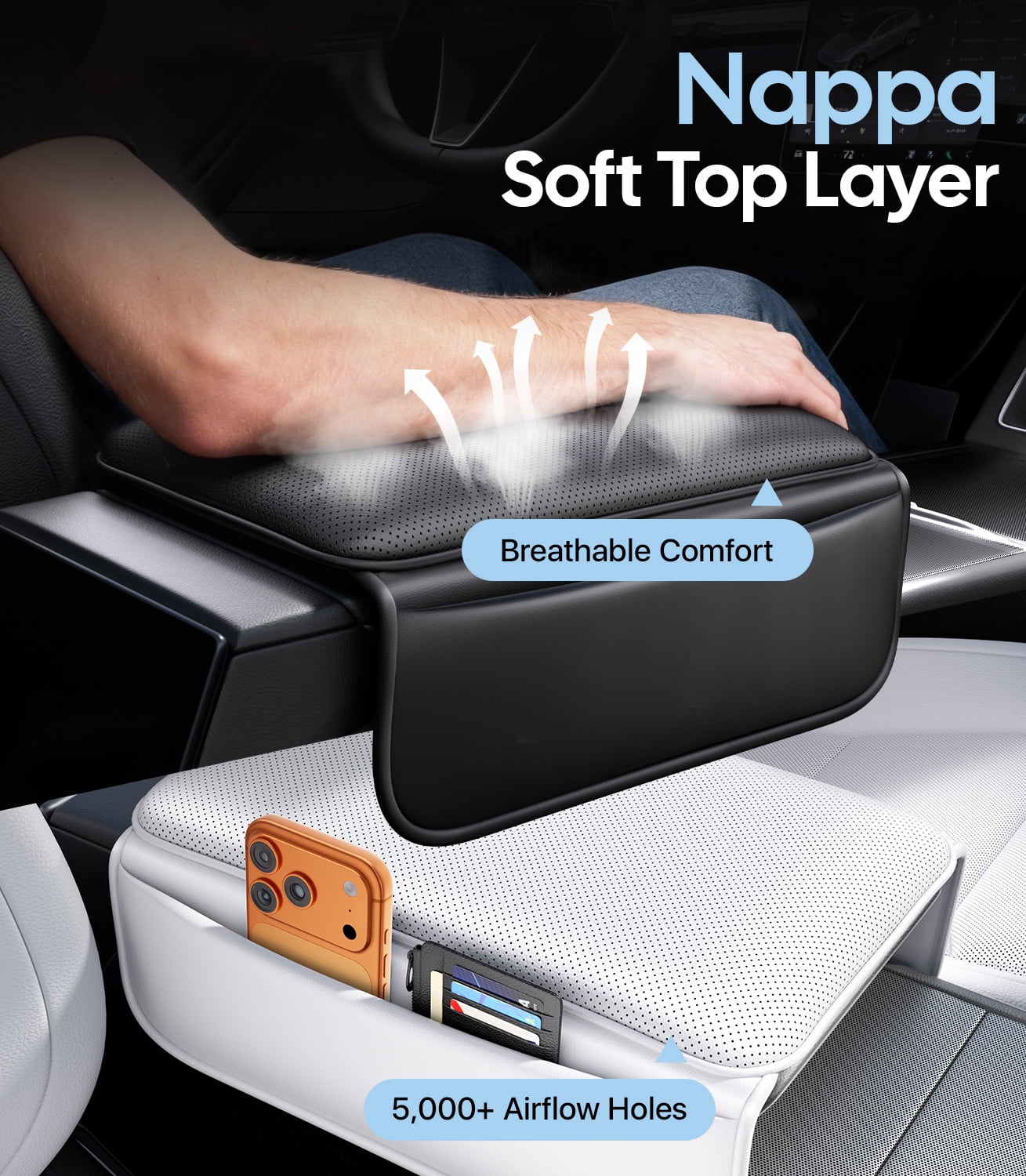 Wigoo Center Console Lid Cover for Tesla Model Y Juniper 2025-2026 & Model 3 Highland 2024-2026 (Standard, Premium & Performance), [Soft Support] Nappa Leather Armrest Protector Cover, White