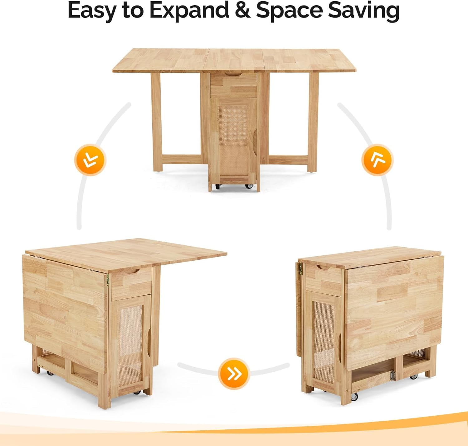 VINGLI Folding Dining Table Extendable Drop Leaf Foldable Table 5 Piece with 4 Chairs 2 Drawers and Wheels for Kitchen Space Saving，Natural