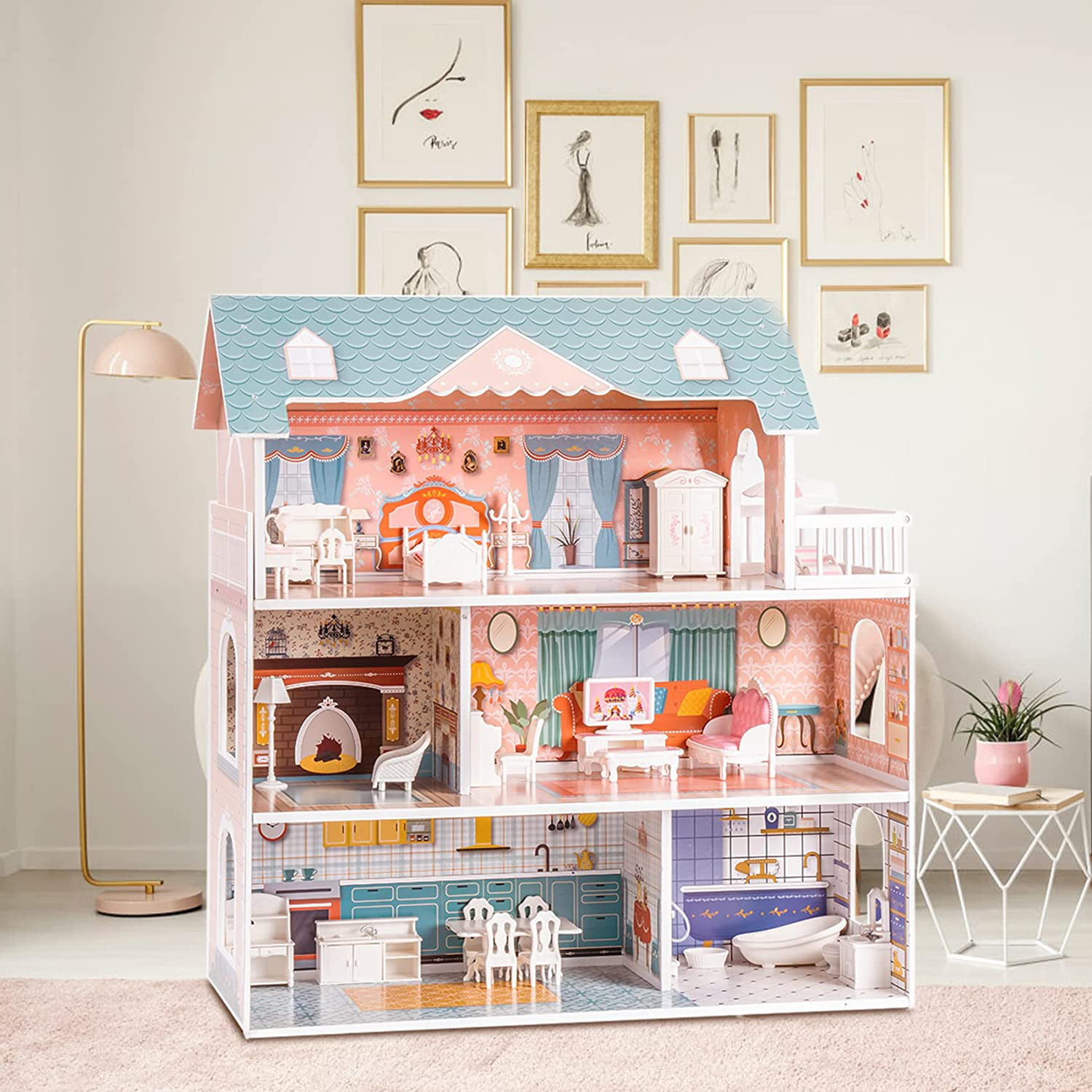 ROBUD Wooden Dollhouse for Kids Girls, Toy Gift for 3 4 5 6 Years ...