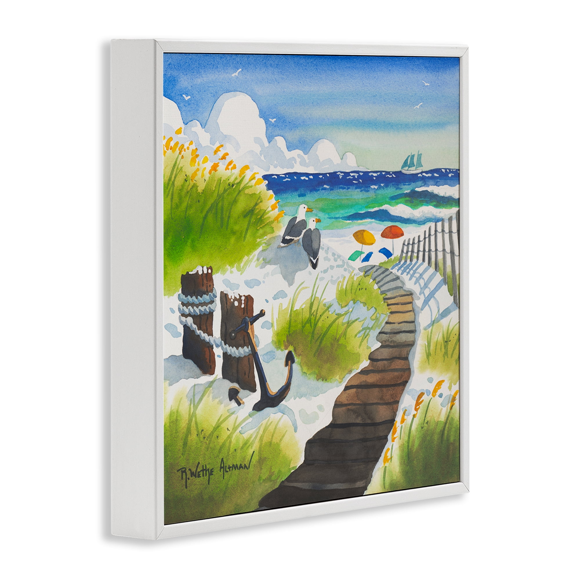 Stupell Industries Seagull & Anchor on Shore White Framed Giclee Art, design by Robin Altman