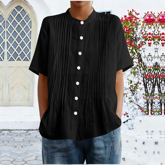 HOMBOM Womens Shirts Cotton Linen Button Plus Size Short Sleeve Crewneck Summer Black Casual T Shirts for Women Solid