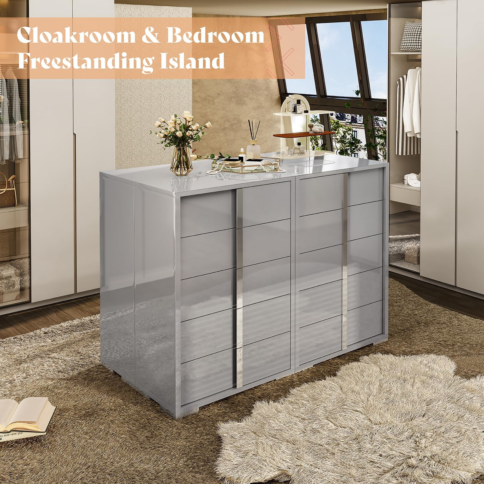 Merluxy 50.2" H Modern 5 Drawer Dresser, Glossy Surface Chest of Drawers, Large Storage Organizer for Bedroom, Living Room, Adult, Light Grey
