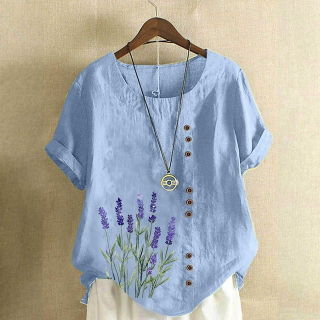 Xuyuer Womens Linen Tops 2026 Summer Short Sleeve Shirts Loose Crewneck Casual Boho Tops Vintage Embroidered Blouses Loose Short Sleeves, Fashion Blouses for Women