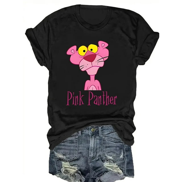 T-Shirt Graphique Panthère Rose pour Femmes - Col Rond Décontracté, Manches Courtes, Haut en Tricot de Coton avec Imprimé "Panthère Rose" et Design de Personnage de Dessin Animé
