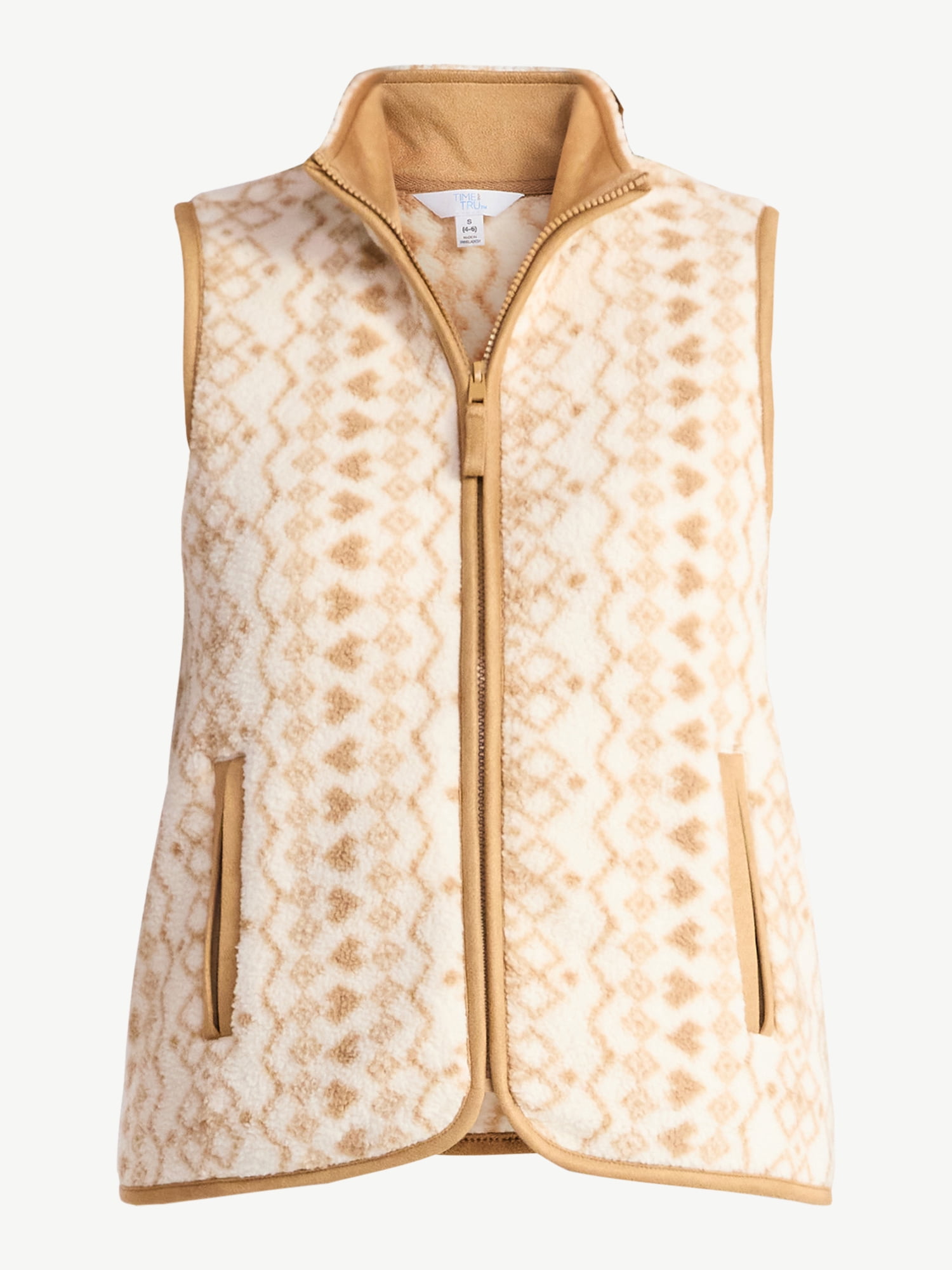 Time and Tru Women's Print Plush Fleece Zip Vest, Lightweight, Sizes XS-XXXL