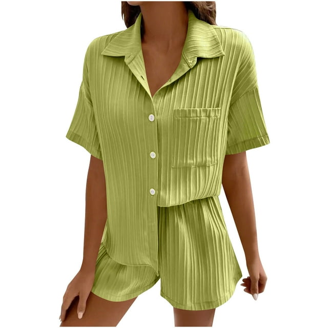 biudgviw Womens 2 Piece Outfits Short Sleeve Lounge Set Comfy Textured Lapel Button Down Shirts and Shorts Matching Set with Pocket