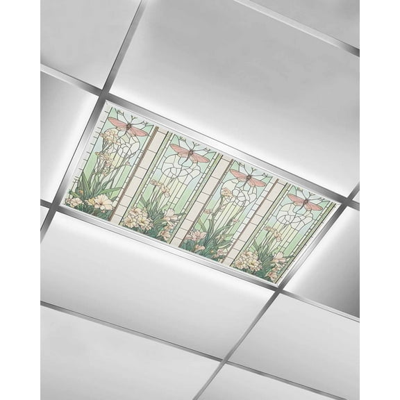 Butterfly Flowers Fluorescent Light Covers for Ceiling Lights 4x2 feet,1 Pack Magnetic Light Filters for Classroom,Vintage Stained Glass Green Spring Fluorescent Light Shade Panel for Office School