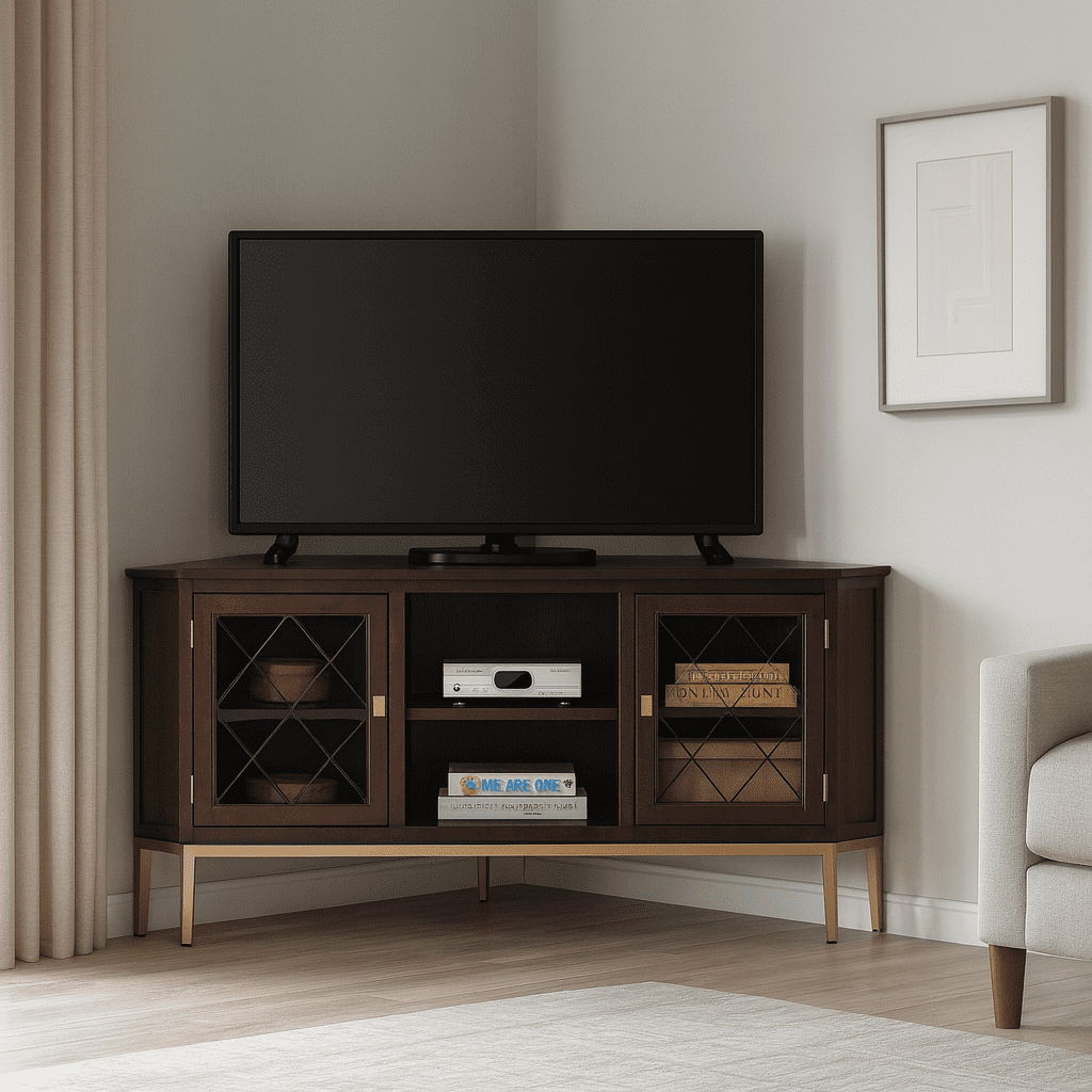 Leick Home Wood and Metal 2-Door TV Stand for TVs up to 62", Chocolate/Gold