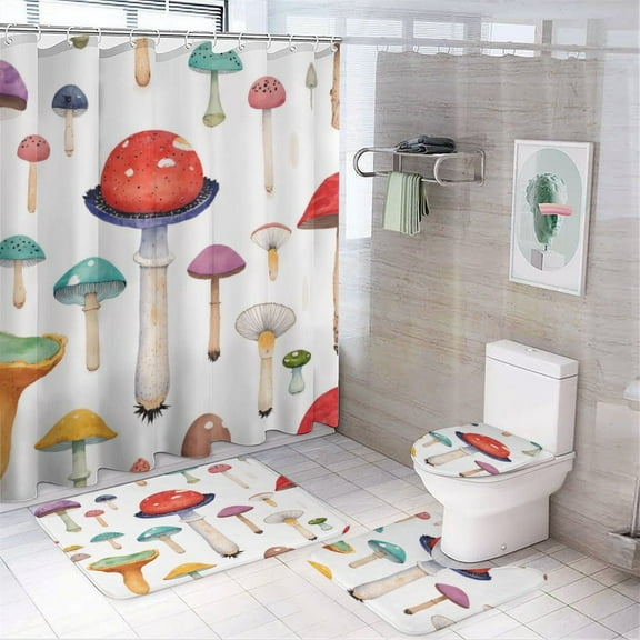Colorful Mushroom Pattern Shower Curtain Waterproof Bathroom Curtain Set with Hooks Home Decor Bathroom Curtains 4pcs