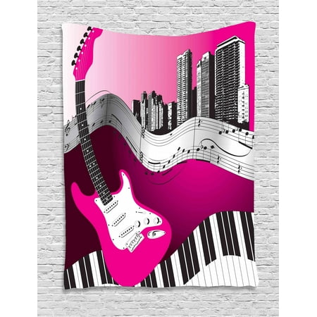 City Hangings - Music Tapestry, Bass Guitar Keyboard Urban Rock Backdrop Rhythm of City Illustration, Wall Hanging for Bedroom Living Room Dorm Decor, Hot Pink Pale Grey Black, by Ambesonne