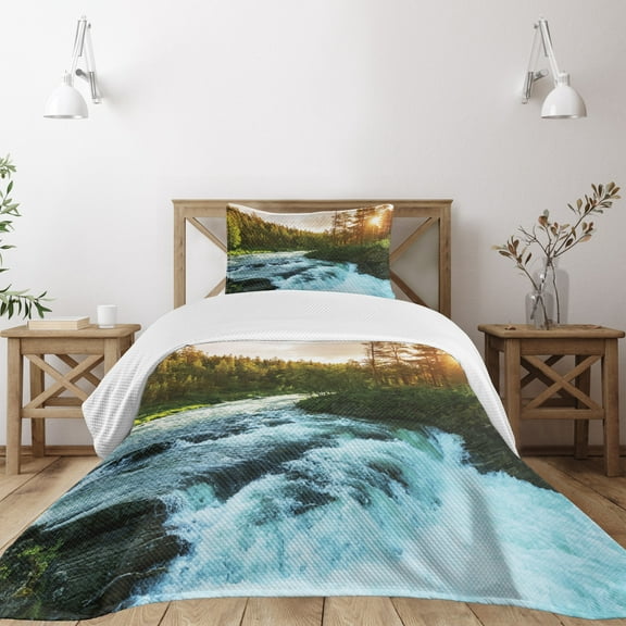Ambesonne River Quilted Bedspread Set 2 Pcs, Sunrise Springtime Pines, Twin Size, Apple Green Pale Blue