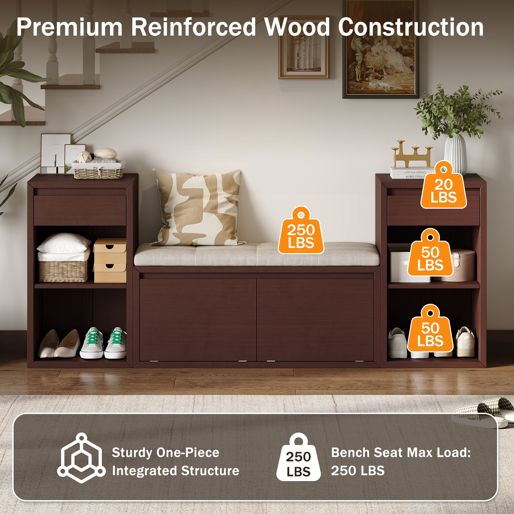 Aukfa 3pcs Storage Shoe Bench Set with Cushioned Seat, Entryway Organizer with Open Shelves & Cubbies,Espresso