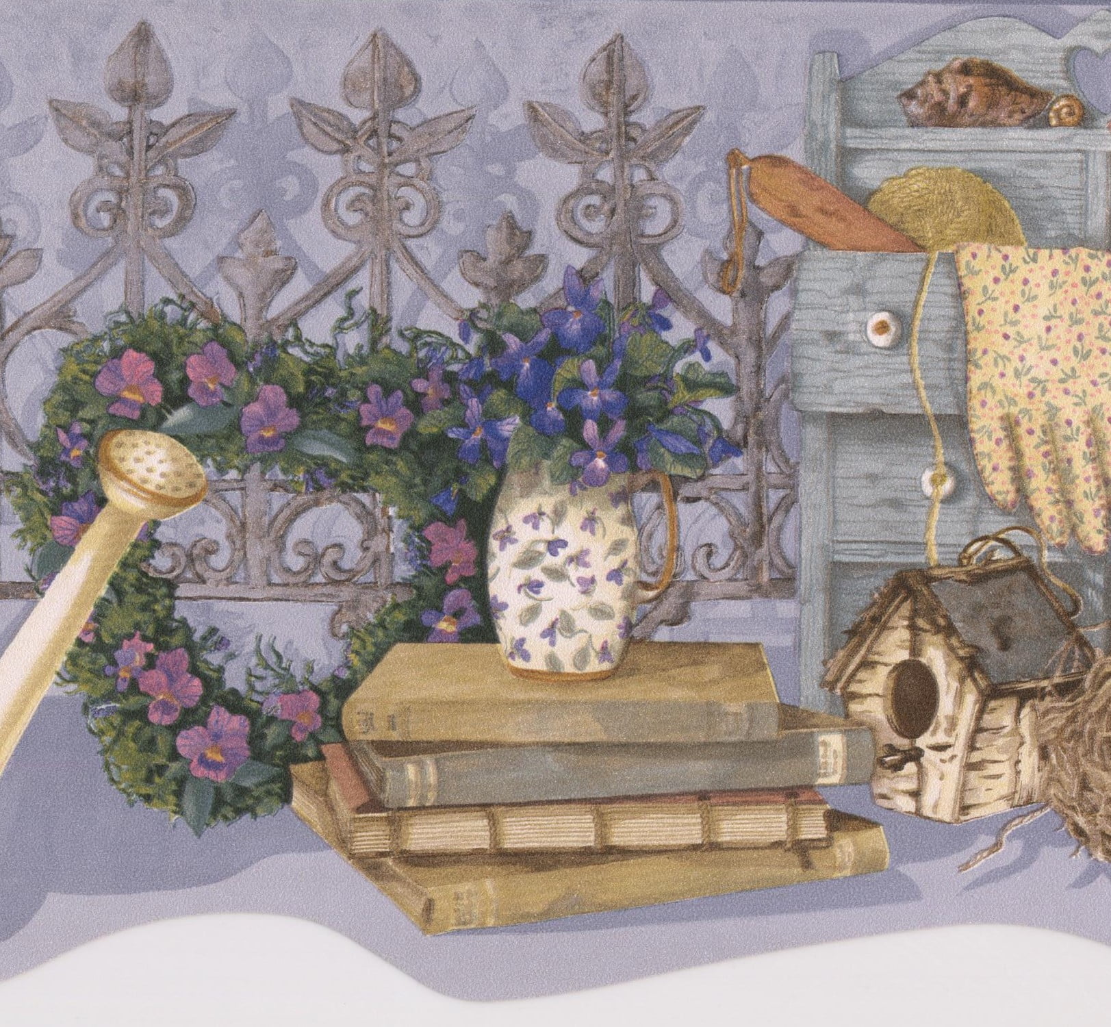 Wallpaper Border - Blue Purple Flowers Garden Fence Shed Tools