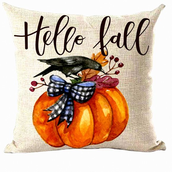 Retro Pumpkin Leaves Crow Hello Fall Y'all Watercolor Decorative Throw Pillow Cover - Autumn Home Living Room Bed Sofa Car Cotton Linen 18x18"