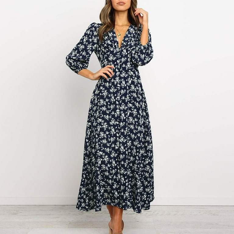 Winter Fall Dresses for Women Long Sleeve Fashion V neck Chiffon High Waist High Waist Dress Walmart