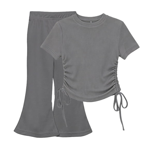 Atogsazn Toddler Girls Summer Clothes Set Kids Casual Short Sleeve Side Drawstring T-shir Flare Leg Pant Leggings Outfit Dark Gray 1-2Years Fashion