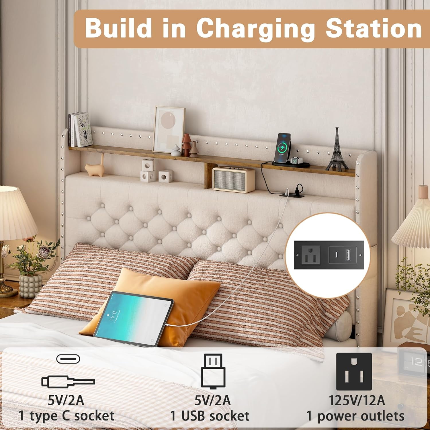 Pipleo Full Size Bed Frame with headboard, Full Bed Frame with 3 Drawers, Velvet Upholstered Platform Bed Frame with Storage, LED Lights and Charging Station