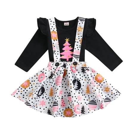 

Meihuida Christmas Fly Sleeve T-shirt + Dot Star Print Suspender Skirt