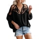 thumbnail image 1 of Dinheiro Tops de encaje de ganchillo con cuello en V para mujer Camisas de otoño con manga abullonada suelta informal Blusas de gasa fluidas, negro, mediano,, 1 of 4