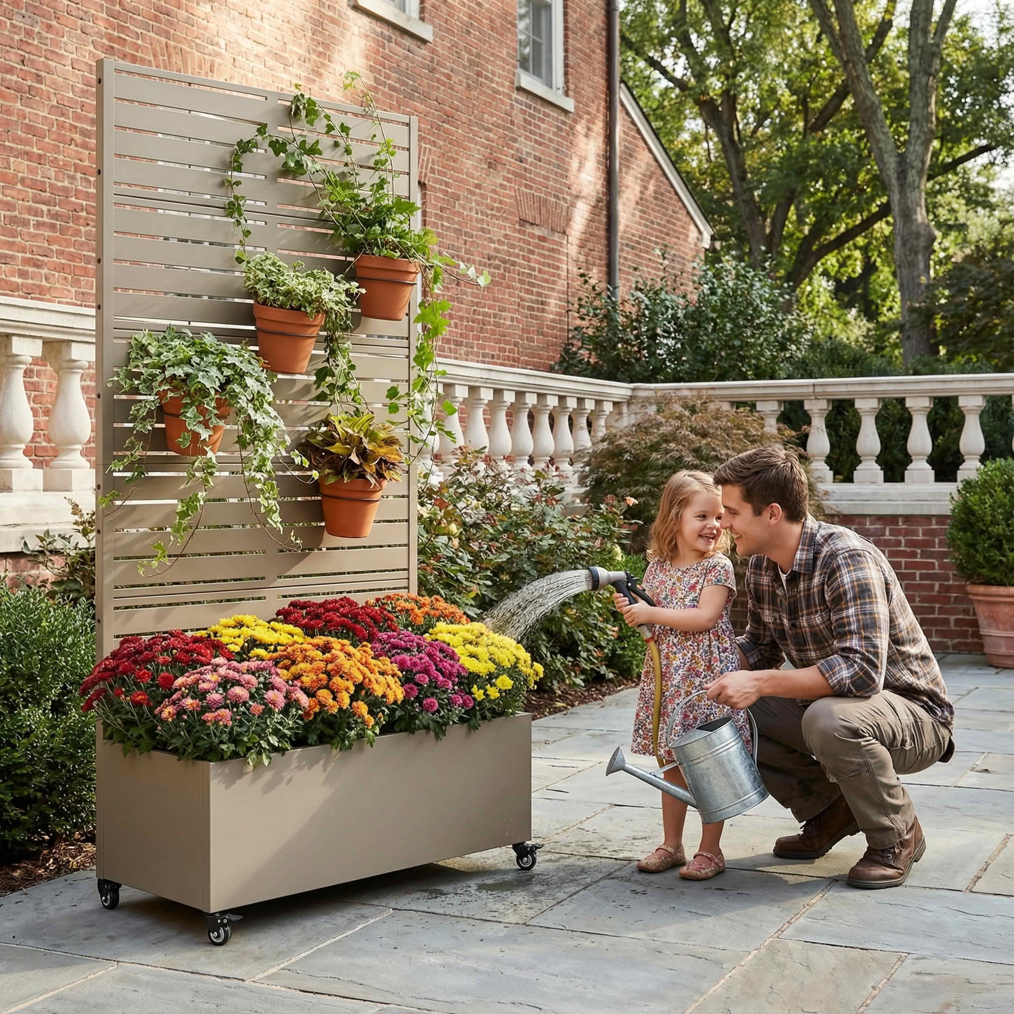 MAYEERTY 72x35x16 Inch Olive Gray Metal Rectangular Planter Box with Trellis, 5 Piece Set for Outdoor Garden & Patio