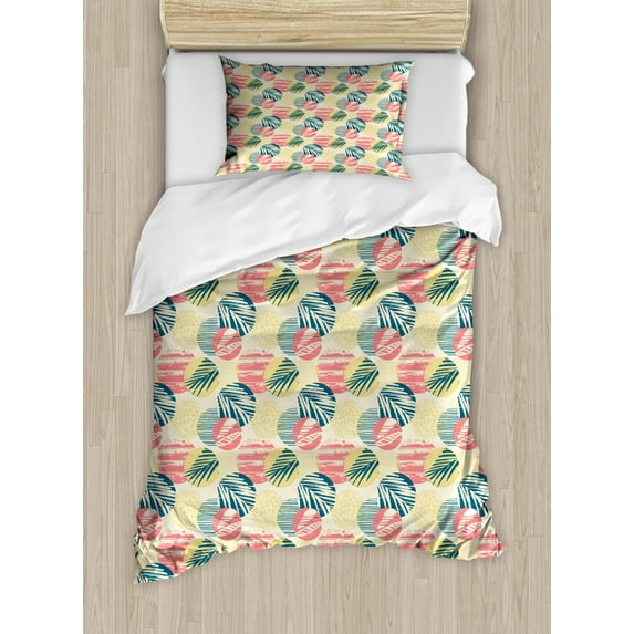 Palm Tree Duvet Cover Set Twin Size, Exotic Leaves with Grunge Display and Big Spots Brazil Madagascar, Decorative 2 Piece Bedding Set with 1 Pillow Sham, Blue Coral Pale Yellow, by Ambesonne