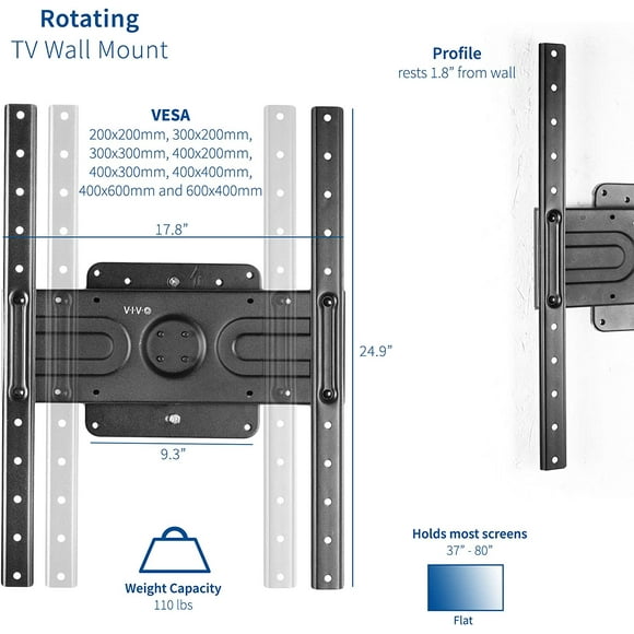 Landscape to Portrait TV Wall Mount for 37 to 80 inch Flat Panel Screens, Heavy Duty Rotating Bracket, Max VESA