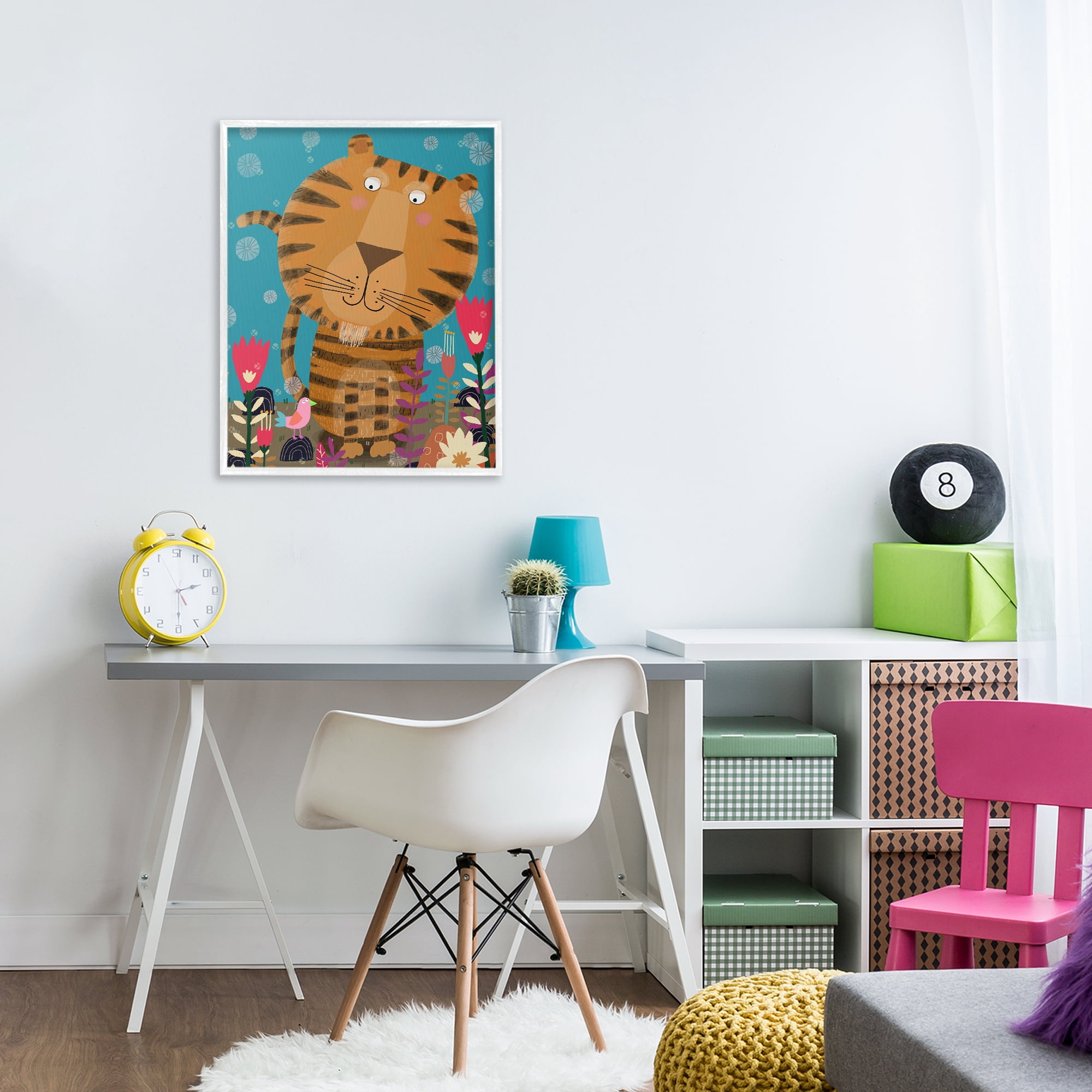 Stupell Industries Boho Tiger & Flowers White Framed Giclee Art, design by Carla Daly