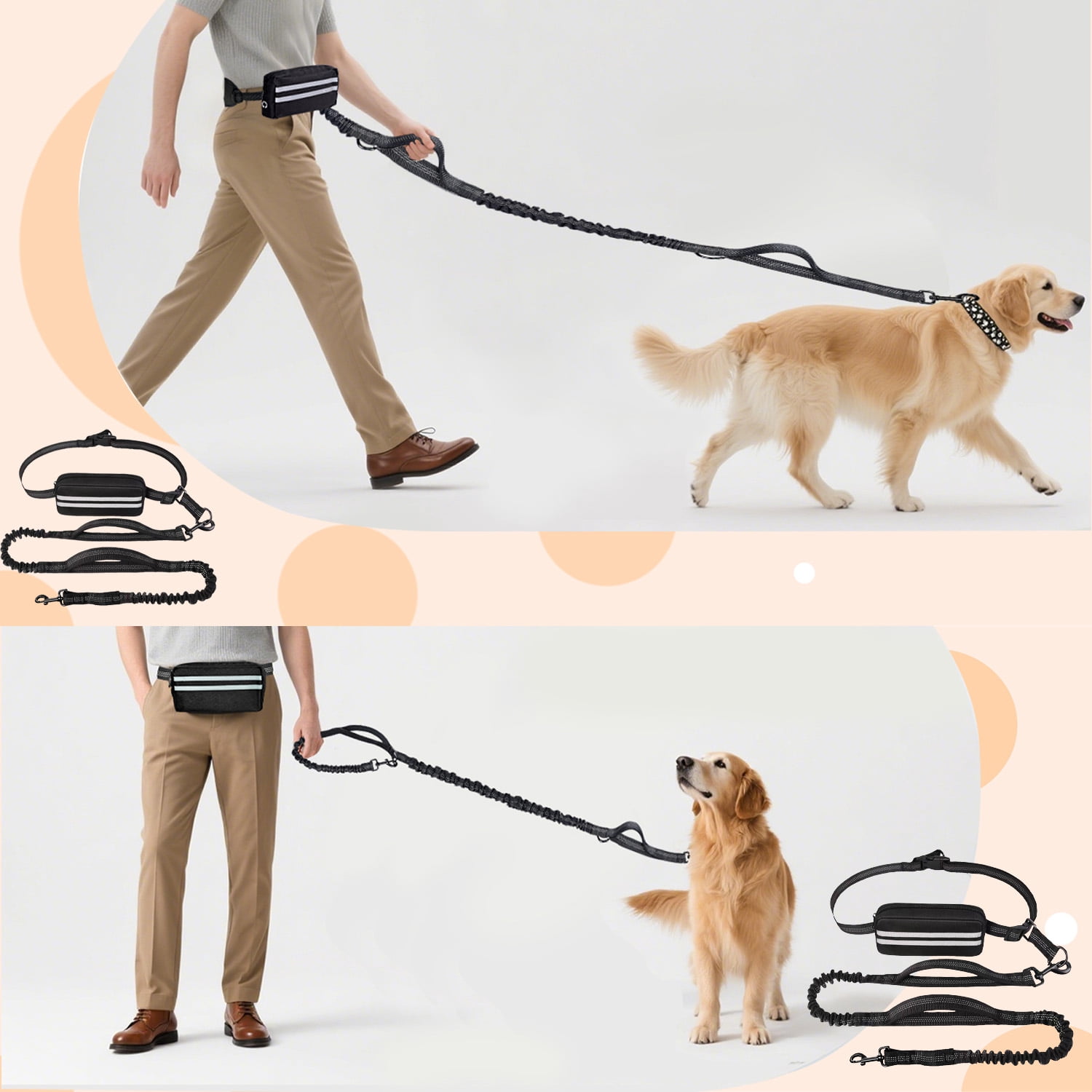 Hands Free Dog Leash for Dogs, Waist Leash for Dog Walking-Double and Single Dog Leashes for Medium and Large Breeds-Pouch & Lumbar Support, Adjustable Waist Belt, Retractable Bungee,Padded Handles