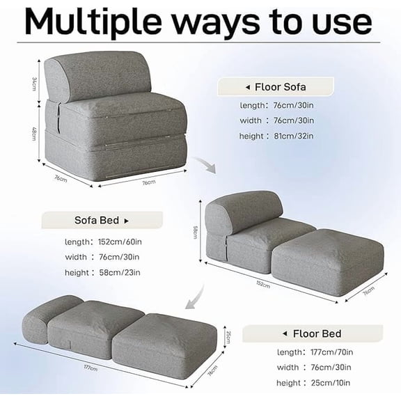 Multifunctional Folding Floor Sofa Bed, Grey Linen Convertible Recliner with Supportive Foam Filler, Ideal for Bedrooms, Living Rooms & Balconies