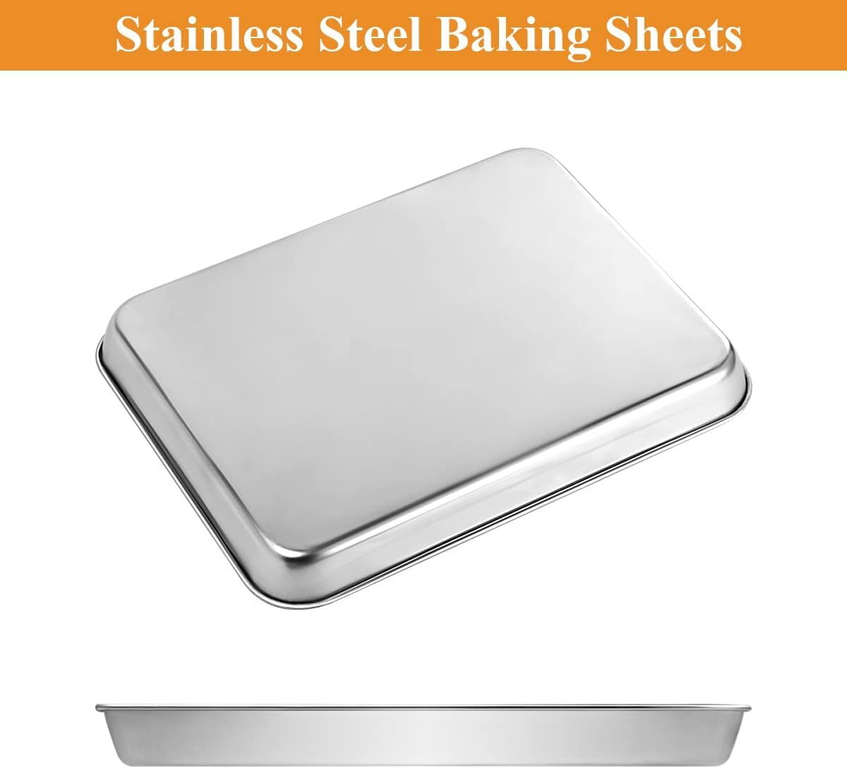 Baking Sheet Stainless Steel Baking Tray Cookie Sheet Oven Pan Rectangle Size 10 x 8 x 1 inch, Non Toxic & Healthy, Rust Free & Less Stick, Thick & Sturdy, Easy Clean & Dishwasher Safe