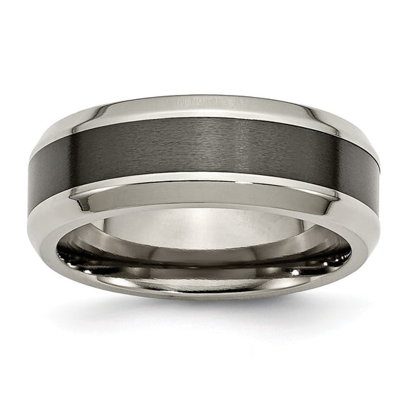 Titanium Base With Polished Black Ceramic Center Beveled 8mm Band Ring - Size 10