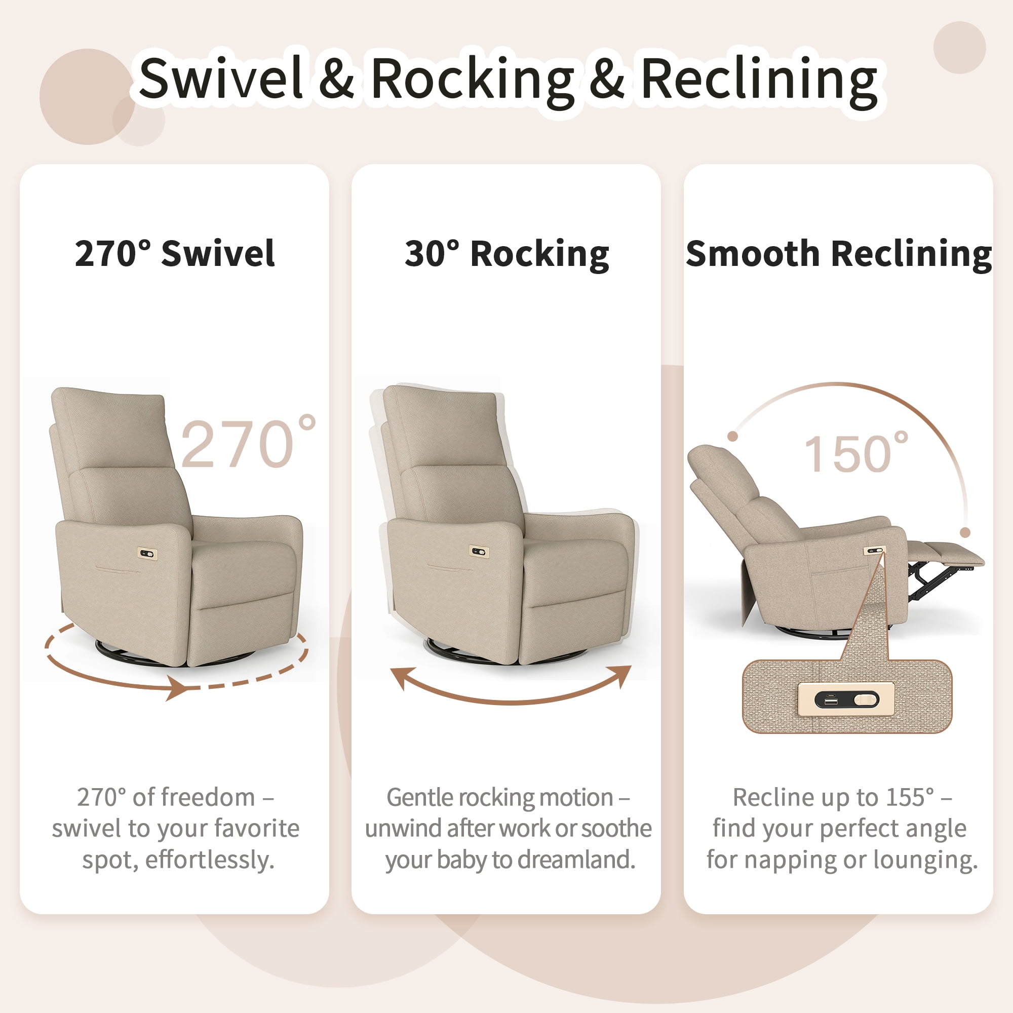 Leumius Swivel Recliner Chair,270° Swivel Rocker Chair for Adults,Small Rocking Recliner for Small Spaces, Upholstered Fabric Glider Recliner Nursery,Living Room Chair,Theater SeatingBrown