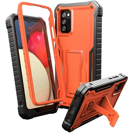 ExoGuard for Samsung Galaxy A02S Case, Rubber Shockproof Full-Body Cover Case Built-in Screen Protector and Kickstand Compatible with Samsung A02S Phone (Orange)