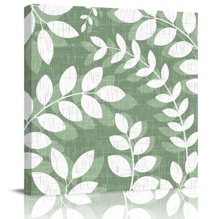 Framed Canvas Wall Art for Living Room Green Leaf Branches Wall Decor Linen Leaves Plant Aesthetic Paintings for Bedroom Office Kitchen Bathroom Ready to Hang Artwork Wall Pictures 8x8 Inch