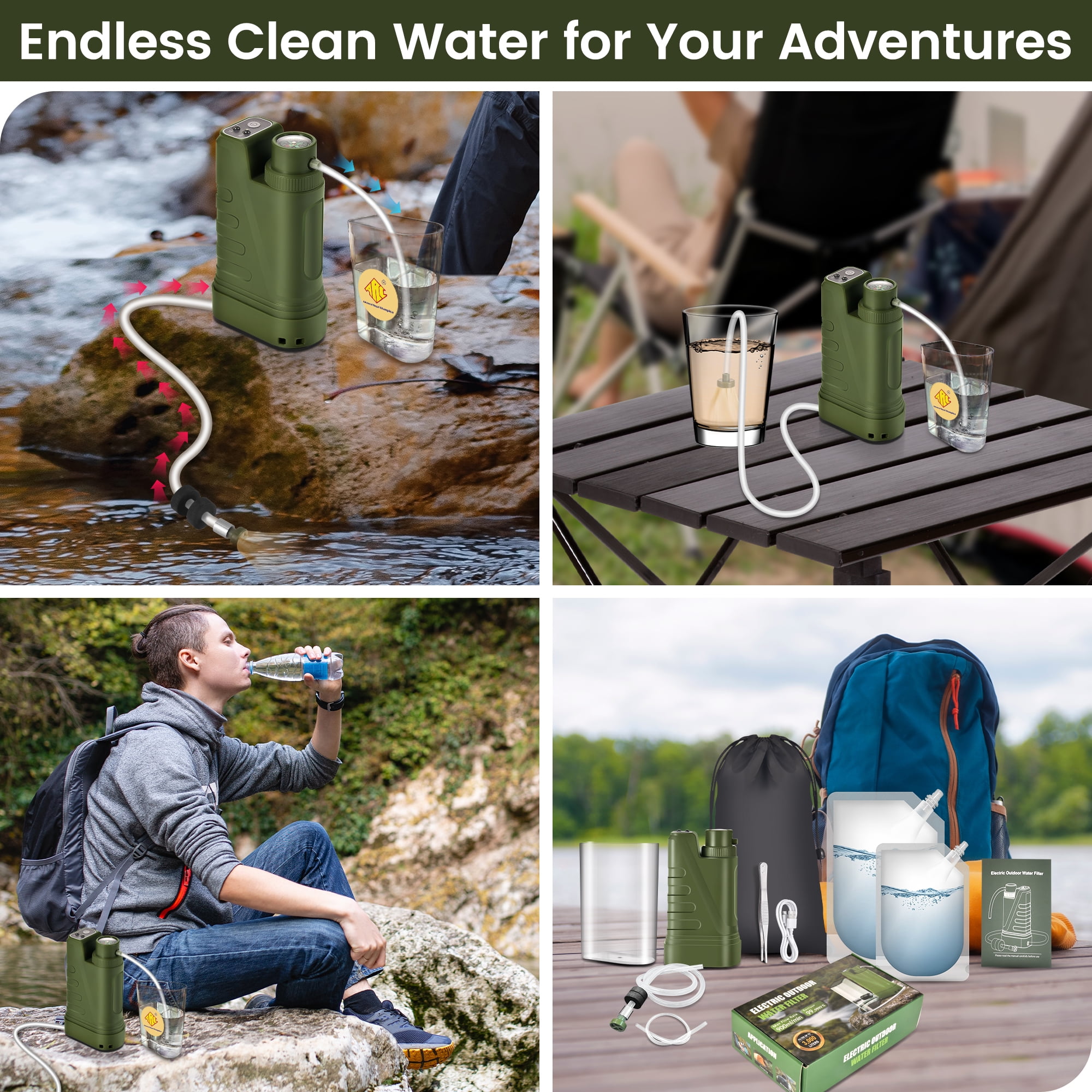 Electric Portable Water Filter, Water Purifier Survival with Emergency Water Filter System,4-Layer Filtration, Camping Backpacking Hiking Travel Essentials