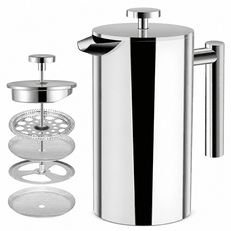RAIRSKY Large French Press Coffee Maker - Double Wall 304 Stainless Steel - 4 Level Filtration System