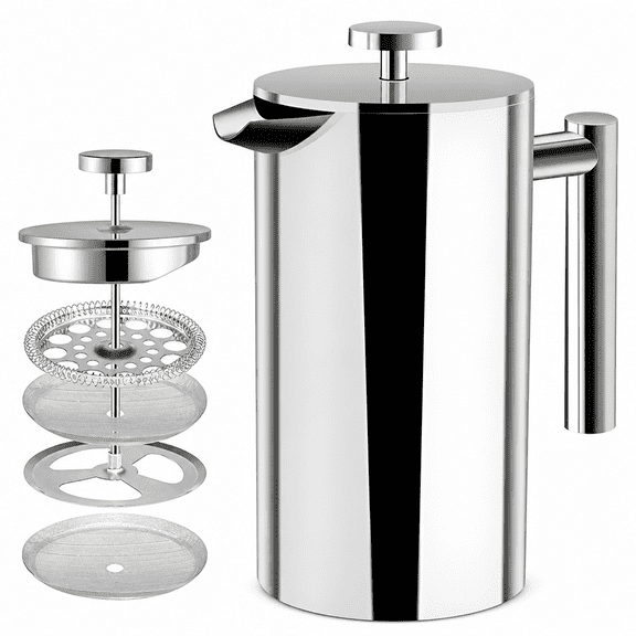 RAIRSKY Large French Press Coffee Maker - Double Wall 304 Stainless Steel - 4 Level Filtration System