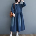 thumbnail image 5 of Cavosen Jean Dresses for Women Long Sleeve Blue Denim Maxi Dress Round Neck Calf Length Dress Solid Casual Trendy Dress Flowy Party Dresses Vacation Fall Winter Clothes M, 5 of 8